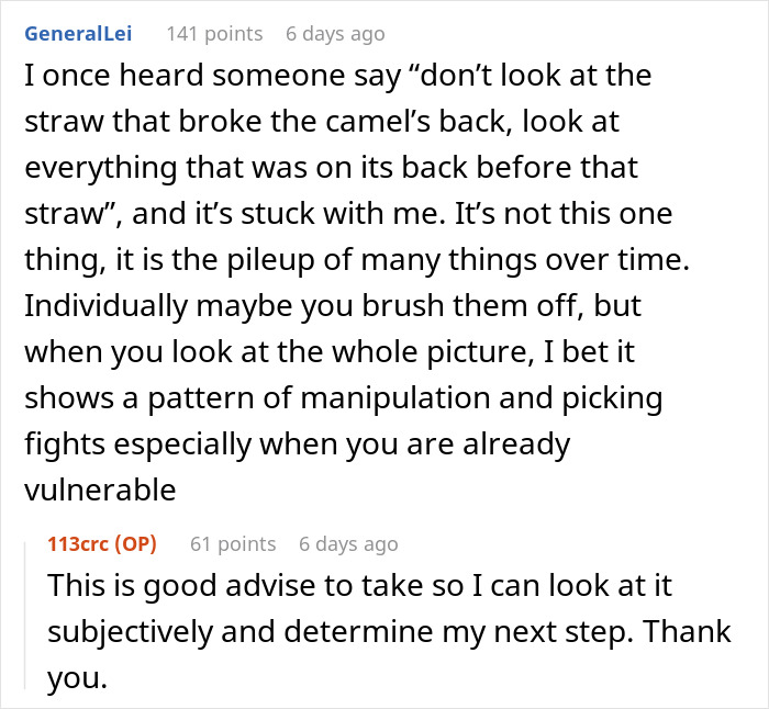 Screenshot of a conversation discussing emotional manipulation and vulnerability after a wife shares surgery details.