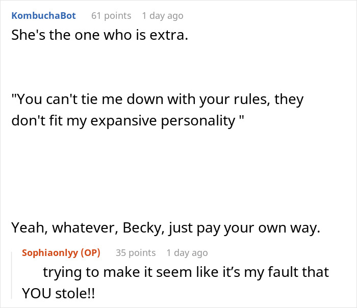 Comment thread showing a woman accused of leftover pasta theft and her friend calling her too dramatic.