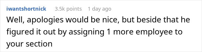 Comment from Reddit user iwantshortnick discussing a manager calling a woman useless at work and getting schooled.