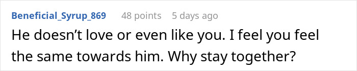 Screenshot of an online comment discussing feelings about a man-child husband during a family vacation conflict.