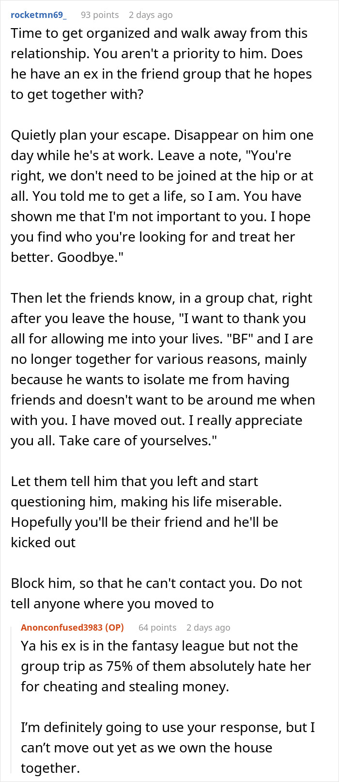 Text conversation discussing a woman finding out her boyfriend excluded her from a couples trip without asking.