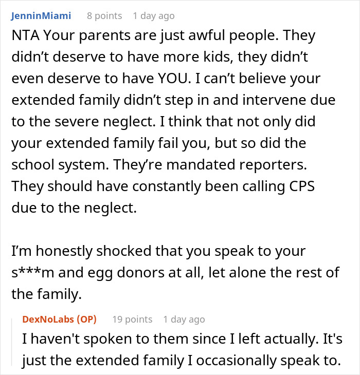 Screenshot of a discussion about parents neglecting their kids and family failing to intervene in cases of severe neglect. - 35