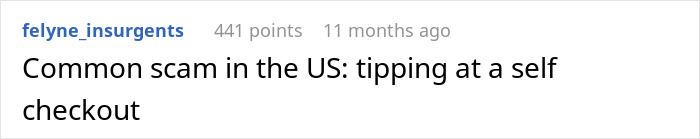 Text post showing an example of a common tourist trap scam involving tipping at a self checkout in the US.