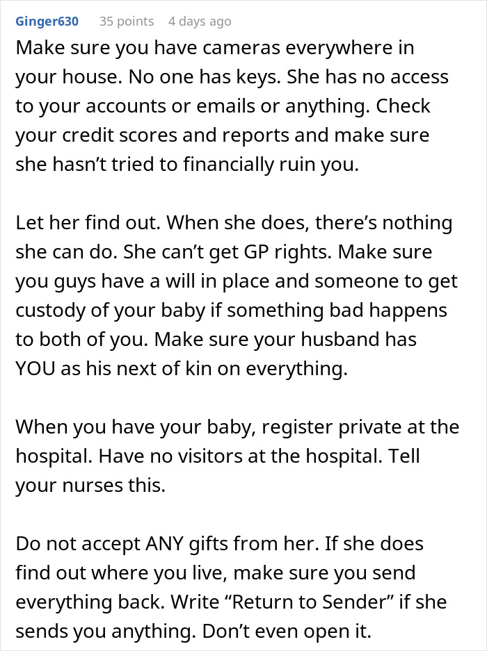 Text advice about securing home and privacy when a woman fears her mother-in-law is poisoning her, with concerns about pregnancy. Text advice about securing home and privacy when a woman fears her mother-in-law is poisoning her, with concerns about pregnancy.