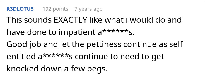 Alt text: Reddit comment praising petty justice against impatient drivers, related to lady in brand new Lexus skipping air pump line. - 29