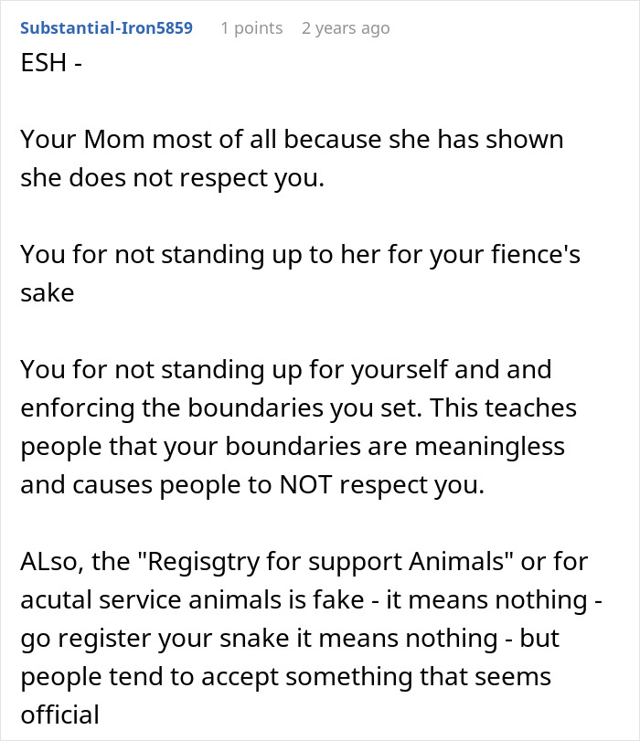 Comment discussing disrespect, boundaries, and fake registry for support animals in a wedding disruption case involving a pet pig.