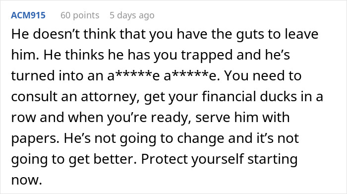 Comment text from user ACM915 advising on legal steps as a woman says her husband has become a different person since their wedding.
