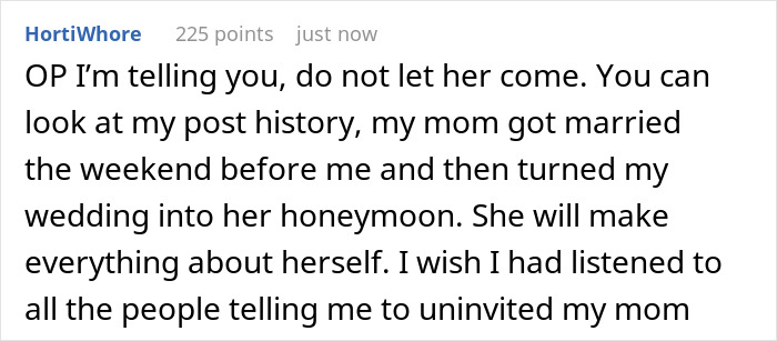 Screenshot of an online post warning about a bride&rsquo;s mom threatening to skip the wedding over her white gown choice.