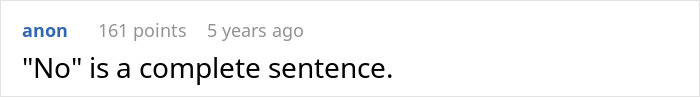 Screenshot of an online comment stating No is a complete sentence, related to estranged dad reconnecting with daughter after cancer diagnosis.