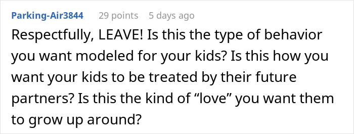 Screenshot of a Reddit comment urging a wife to leave her man-child husband during a family vacation for better role modeling.