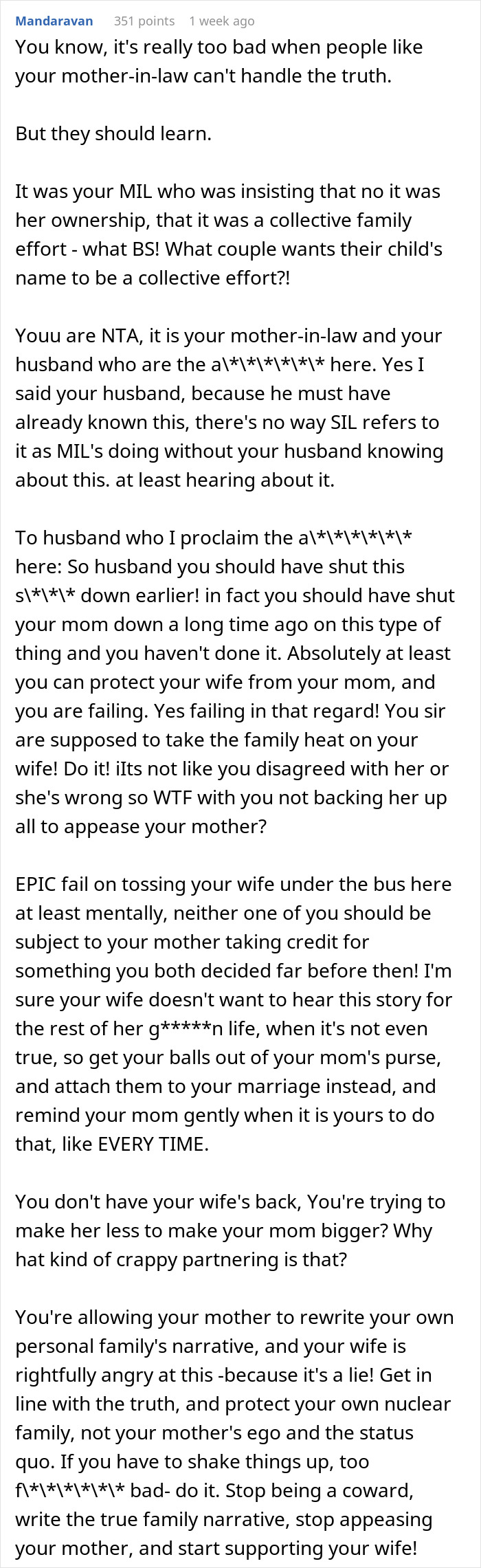 Comment discussing woman correcting mother-in-law who falsely claimed credit for baby&rsquo;s name in family dispute.
