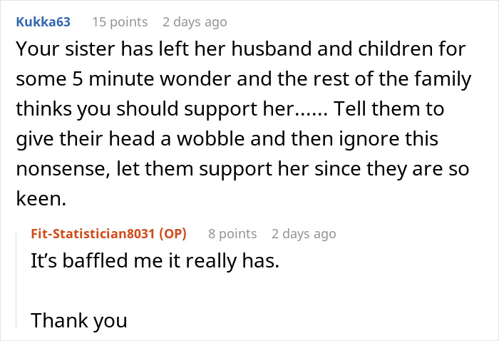 Reddit comment discussing family demands for money and disagreement over supporting a sister in a personal conflict.