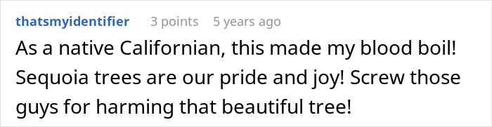 Screenshot of a user comment expressing anger over a neighbor cutting down Sequoia trees, referring to a jealous Karen incident. Screenshot of a user comment expressing anger over a neighbor cutting down Sequoia trees, referring to a jealous Karen incident.