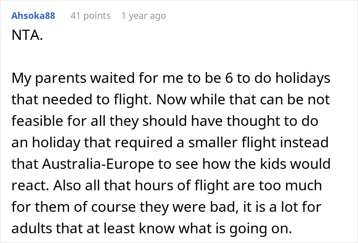 Screenshot of a Reddit comment discussing challenges of a 9-hour flight with kids and advice on travel planning.