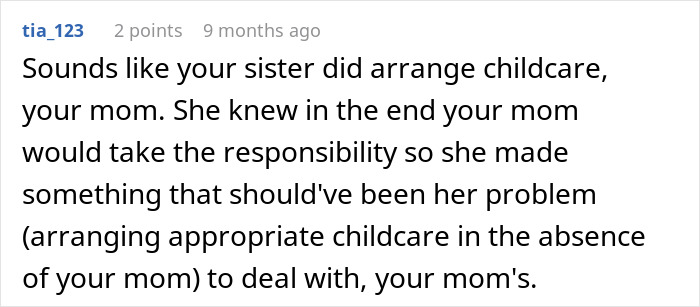 Comment explaining how sister failed to arrange childcare, causing man to take his 2YO niece to doctor appointment.