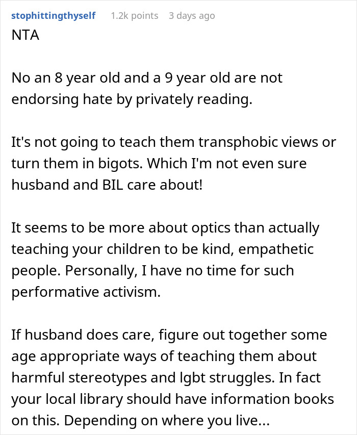 Screenshot of a Reddit comment discussing bigoted and hateful person accusations over giving kids Harry Potter books.