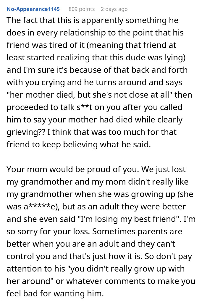 Screenshot of an online comment discussing a woman&rsquo;s heartbreak and her boyfriend&rsquo;s true character revealed after her mother&rsquo;s death.