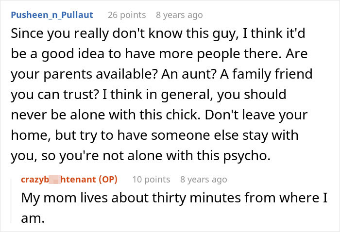 Text conversation discussing advice on not being alone with a friend who breaks into house and plants belongings.