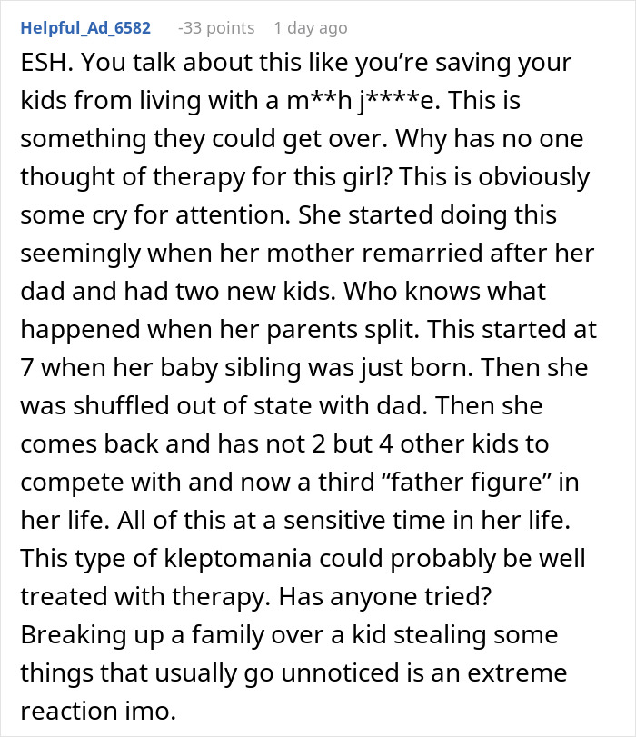 Comment discussing marriage issues after man refuses to let wife&rsquo;s daughter live with his kids, suggesting therapy.