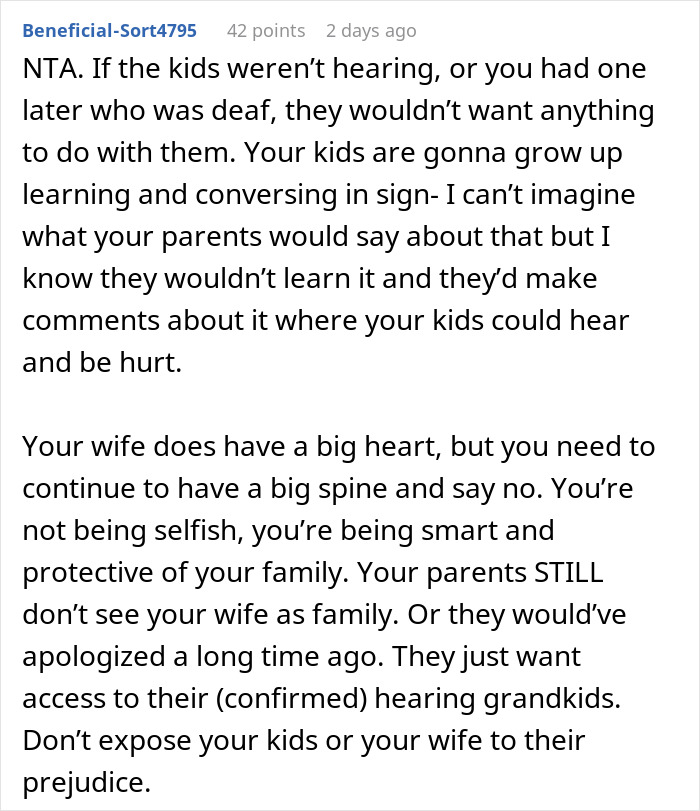 Comment on man defending his wife and cutting off his parents, emphasizing confusion about reconnecting and family protection.