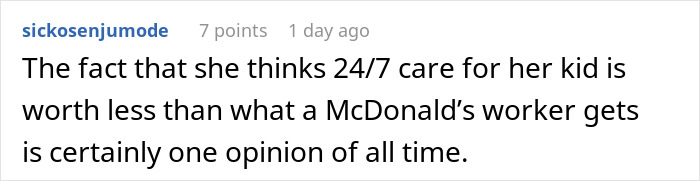 Comment discussing a woman&rsquo;s opinion on babysitters&rsquo; wages and comparing childcare to fast food work.