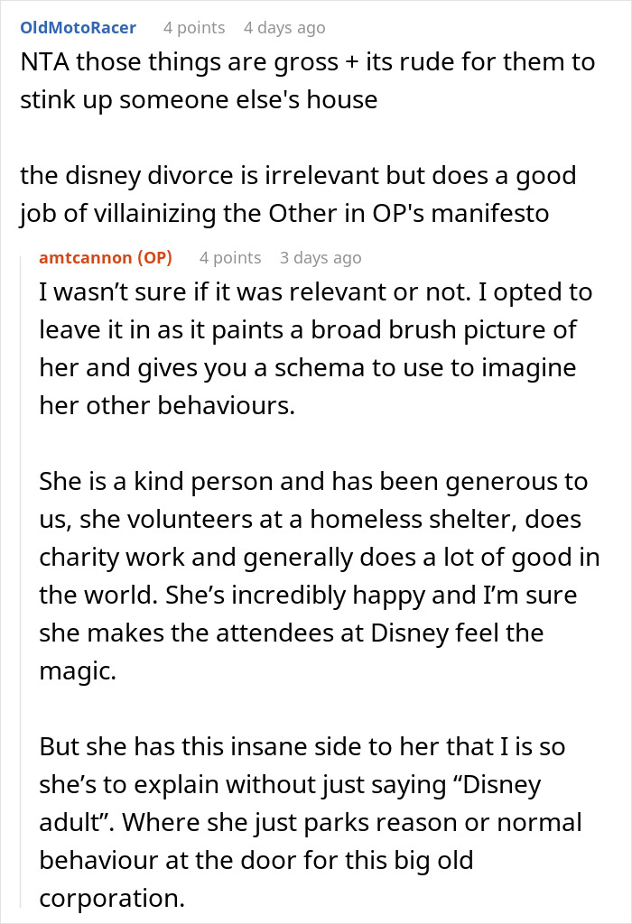 Reddit conversation discussing family hosting divorcing friend and dealing with nasty scents flooding the home.
