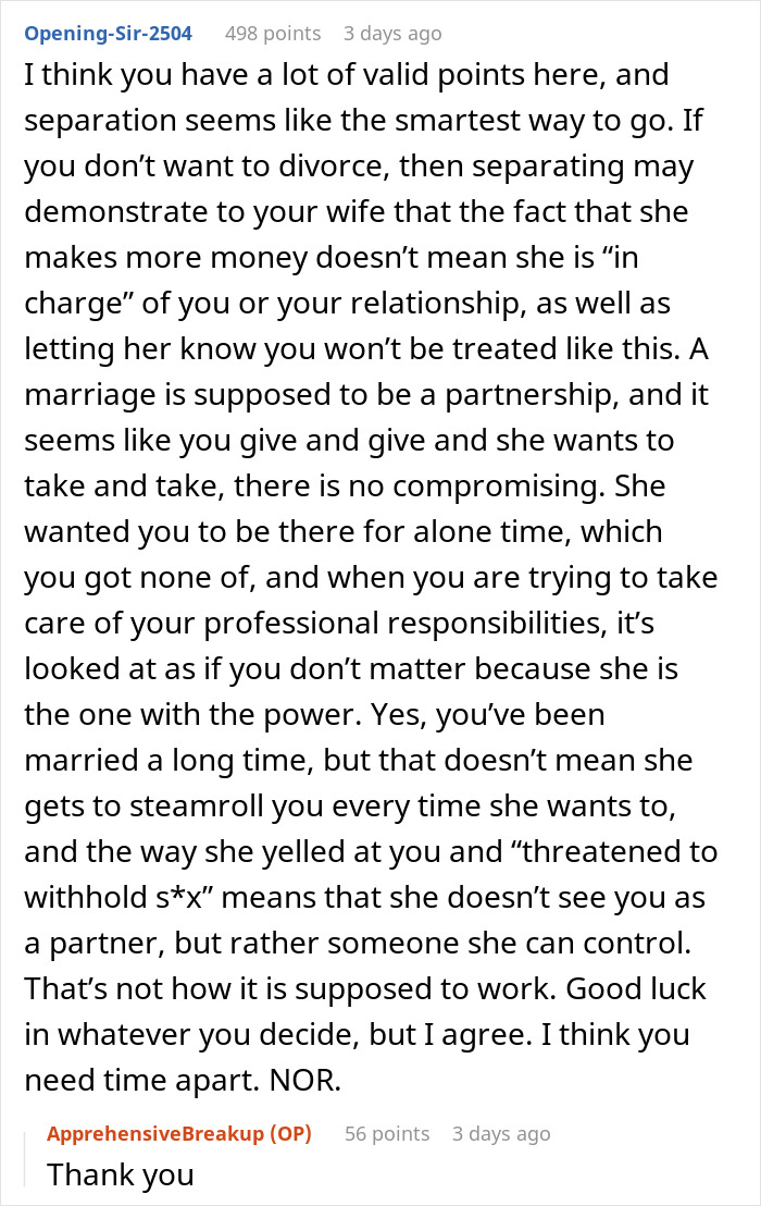 Reddit comment discussing wife humiliating husband and years of resentment during an unwanted trip in a troubled marriage.