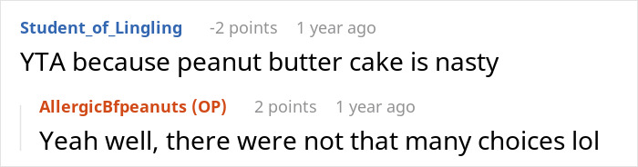 Screenshot of a Reddit comment thread discussing dislike for peanut butter cake and choices related to it.