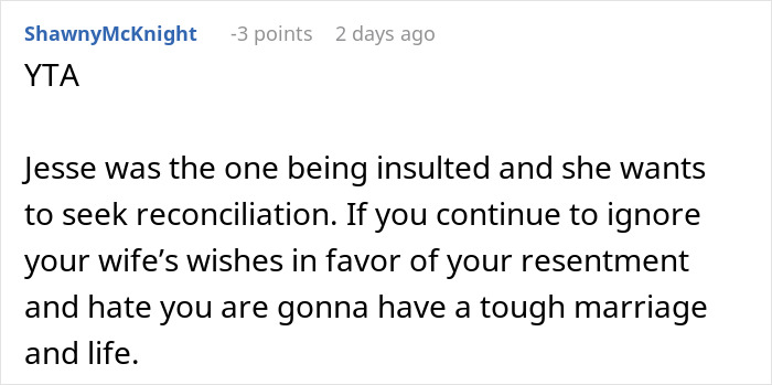 Screenshot of a Reddit comment discussing a man defending his wife and cutting off his parents, confused by reconnecting suggestion.