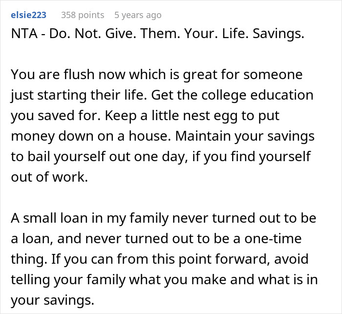 Screenshot of an online comment advising a woman to protect her life savings from parents claiming it&rsquo;s rightfully theirs.