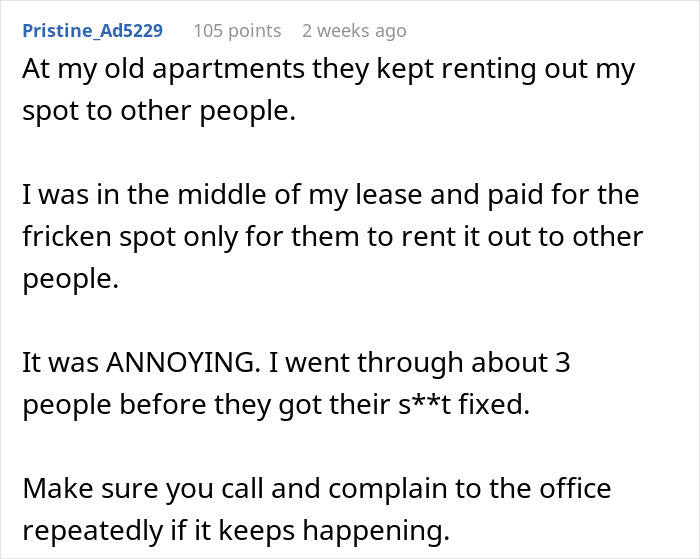 User comment about a dodgy neighbor trying to trick a woman via anonymous notes over a parking spot dispute.