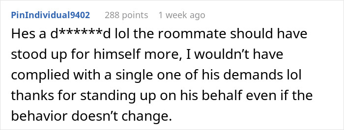 Comment text showing frustration about a boyfriend treating a kind roommate like the help and ordering chores.