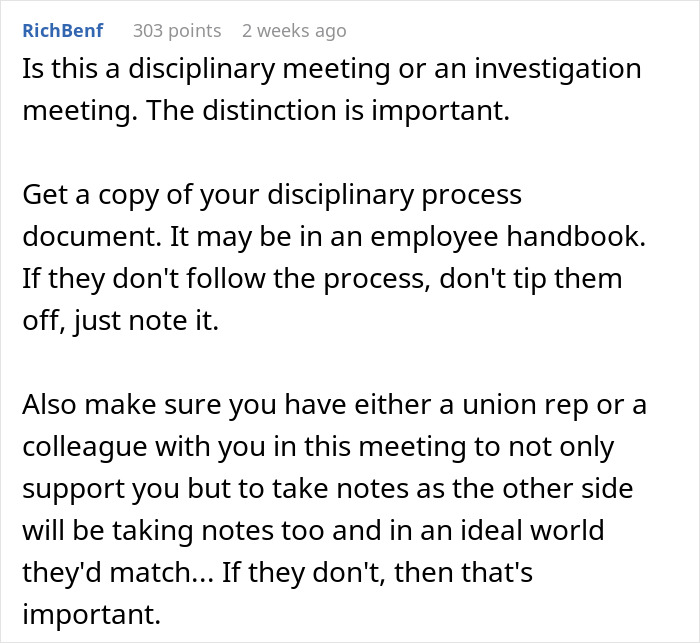 Comment discussing the distinction between disciplinary meetings and investigations for worker disciplined ChatGPT slurs cases.