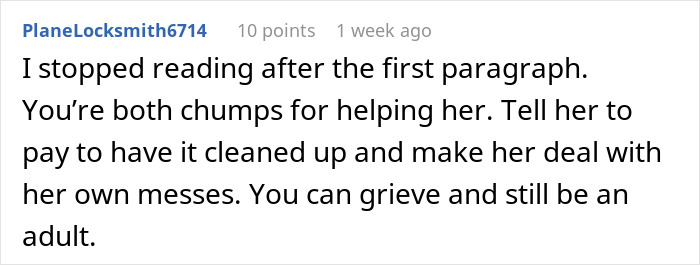 Screenshot of a Reddit comment criticizing MIL for skipping sewage disaster cleanup, leaving couple to shovel the smelly mess.