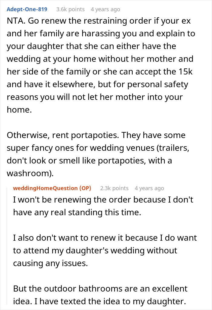 Comment discussion about man refusing wedding in his yard, causing relationship issues with daughter and family conflict advice.
