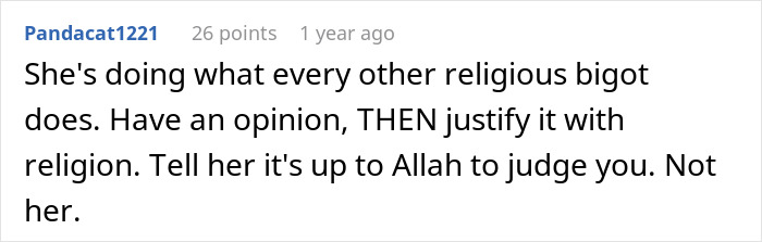 Comment discussing religious bigotry and judgment, highlighting coworker misgenders Muslim religion in online forum.