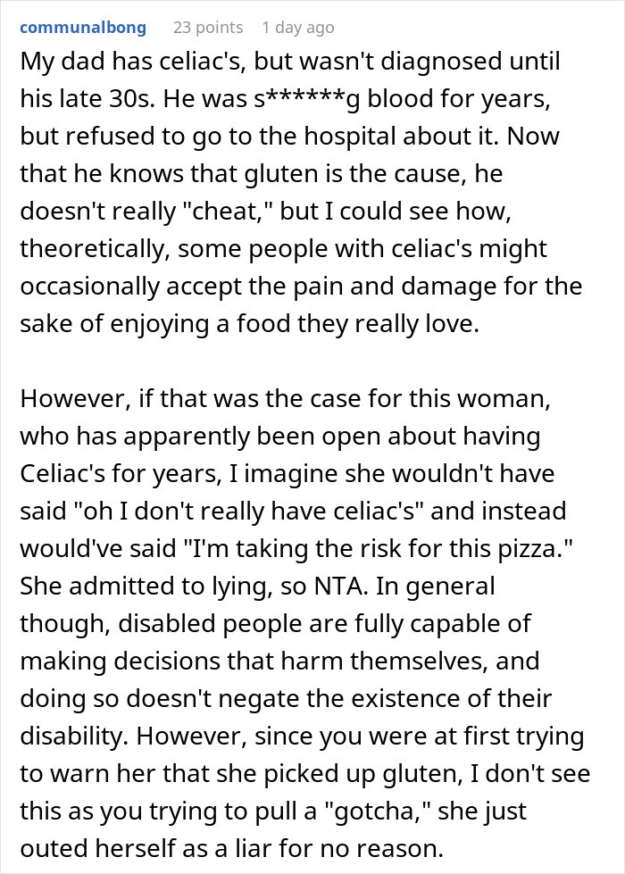 Reddit comments discussing a worker calling out a gluten-free colleague at a pizza party and the ensuing conflict. Reddit comments discussing a worker calling out a gluten-free colleague at a pizza party and the ensuing conflict.
