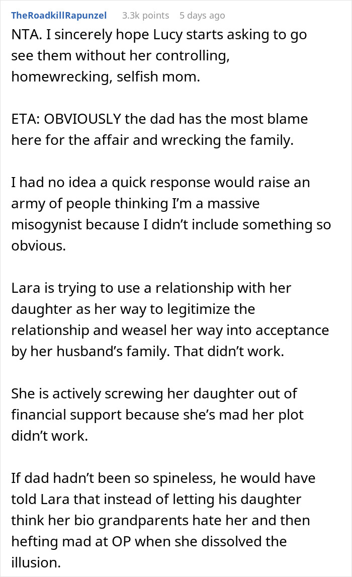 Reddit comment discussing blame and family dynamics involving dad&rsquo;s affair baby and grandparents&rsquo; relationship.
