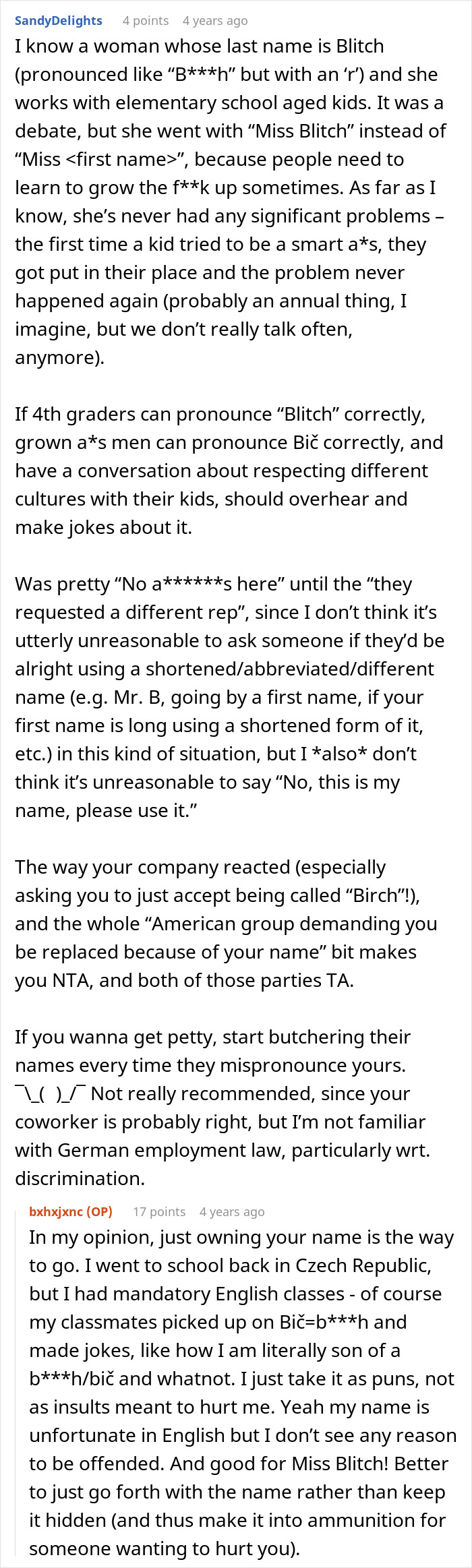 Screenshot of a Reddit discussion about a man refusing to change his surname for American coworkers respecting cultural differences. - 18