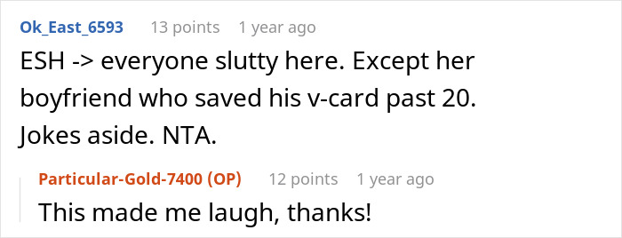 Reddit comments discussing body count and exposing friend’s boyfriend in an online conversation thread. Reddit comments discussing body count and exposing friend’s boyfriend in an online conversation thread.