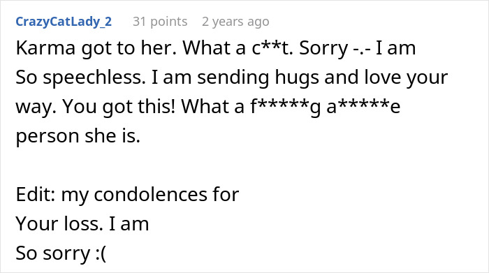 Screenshot of a Reddit comment expressing sympathy and support after a woman discovers her mother-in-law's hatred following her husband’s death. - 34