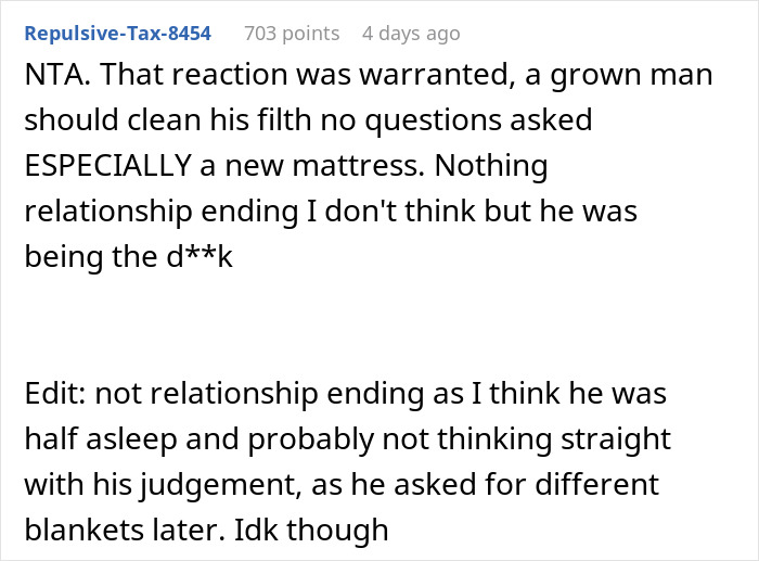 Comment discussing a man who wets the bed and the expectation for him to grow up and clean the mess responsibly.