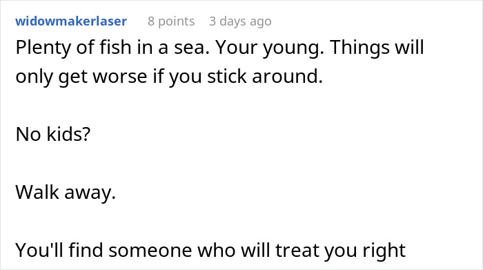 Comment discussing relationship doubts and advice after a man expects special treatment from his girlfriend on his birthday.