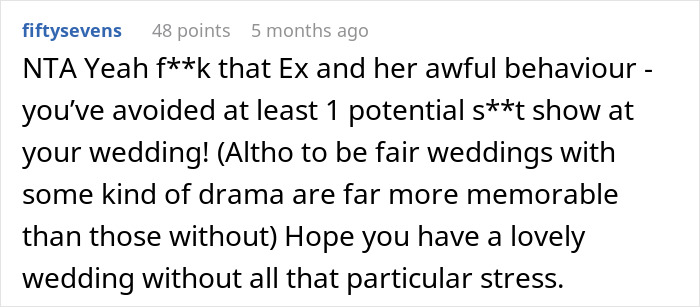 Screenshot of a Reddit comment discussing avoiding drama caused by an ex at a wedding to ensure a stress-free family event. - 24