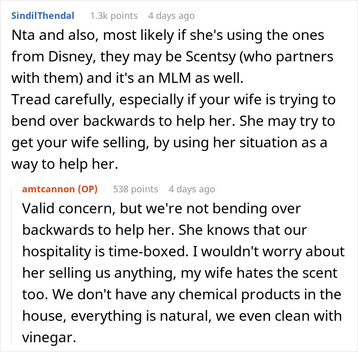 Reddit conversation about family hosting divorcing friend and concerns over nasty scents and MLM products in the home.