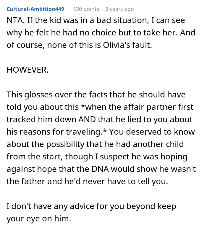 Comment discussing man promising wife a quiet life with two kids but secretly bringing home a bonus stepdaughter, causing tension.