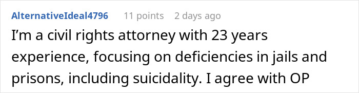 Comment by AlternativeIdea4796 discussing prison officer experience related to beliefs about Epstein&rsquo;s death and jail conditions.
