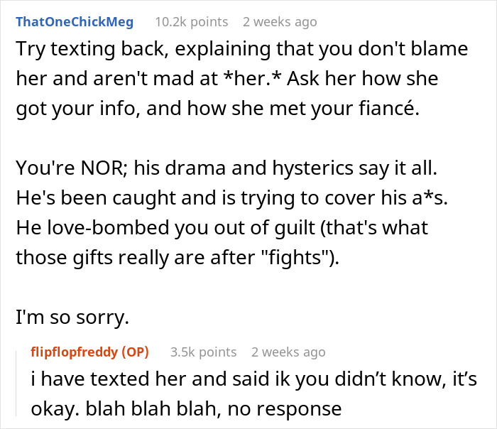 Screenshot of a Reddit conversation discussing strange text about fianc&eacute; raising concerns from a mom-to-be and friends.