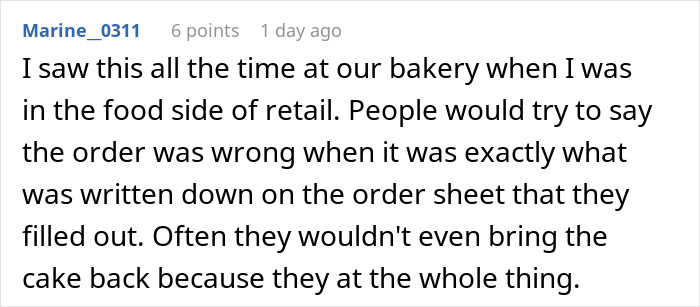 Comment from user Marine_0311 sharing experience about customer disputes over bakery orders and cake returns.
