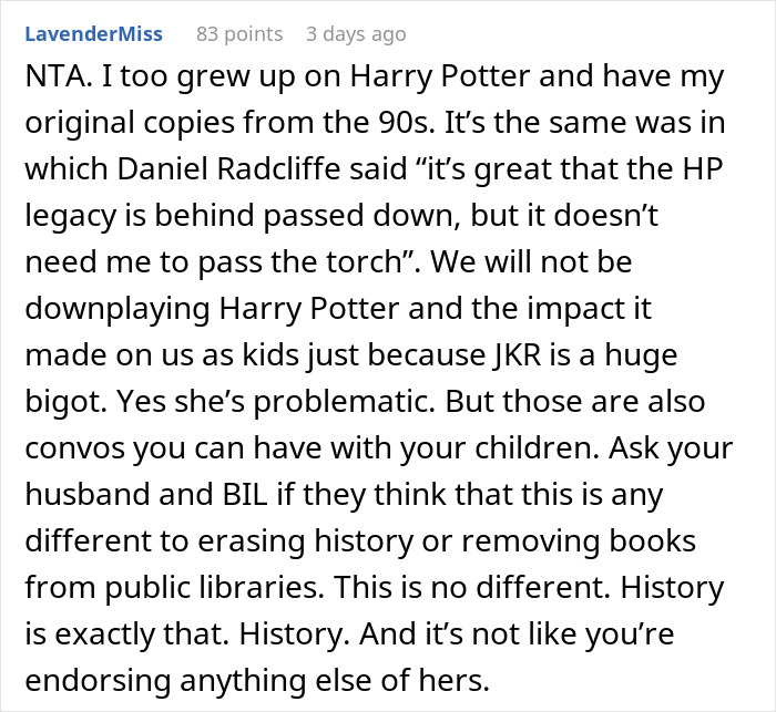 Comment discussing Harry Potter books, addressing bigoted views and family conflict over giving children the books.